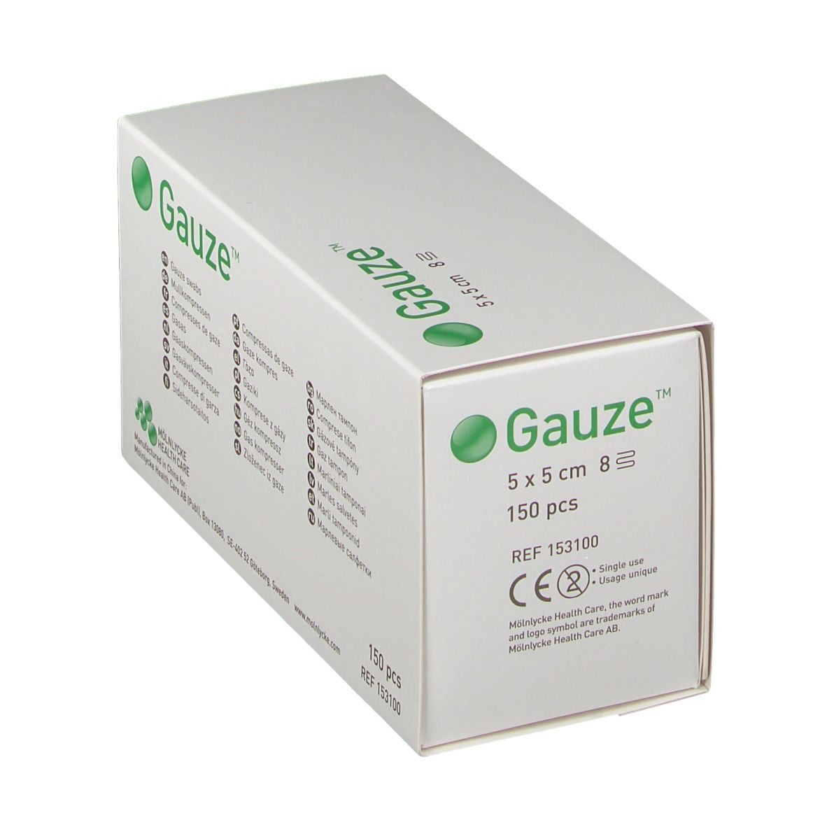 Weiße Verpackung mit grünem Logo "Gauze", CE-Kennzeichnung und Produktbezeichnungen. 150 Stück. Hersteller: Molnlycke Health Care.