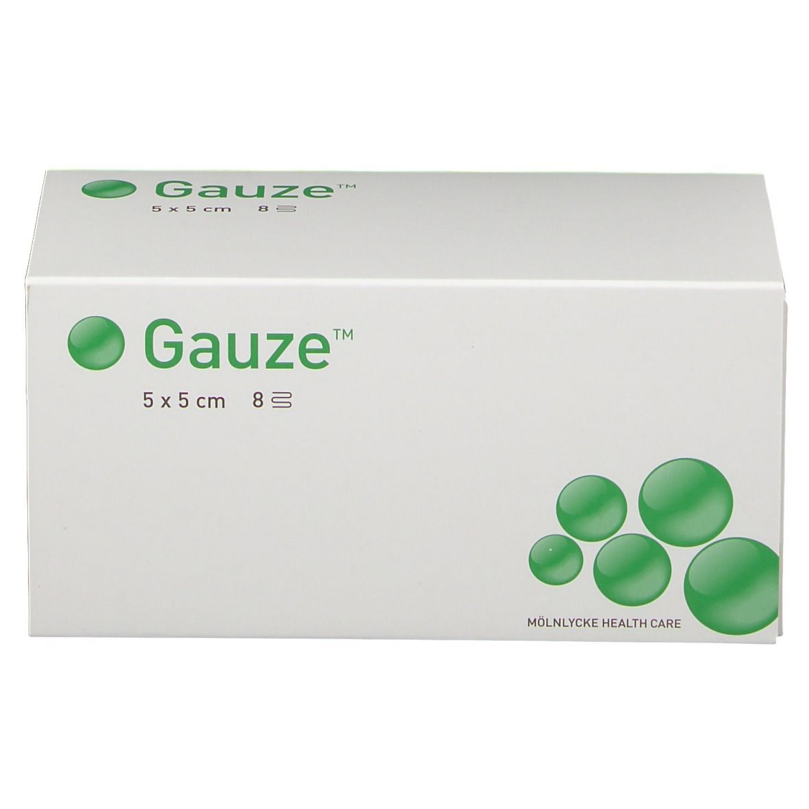 Weiße Verpackung mit grünem Logo "Gauze" und Produktangaben. Größe: 5x5 cm, 8 Stück. Hersteller: Molnlycke Health Care.