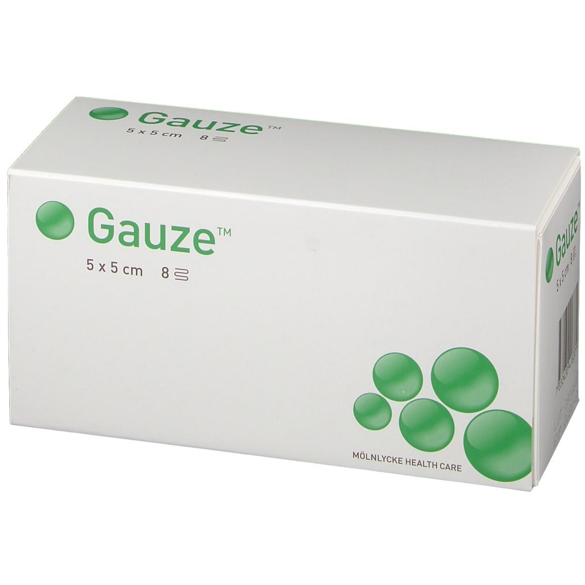 Weiße Verpackung mit grünem Logo "Gauze" und Produktangaben. Größe: 5x5 cm, 8 Stück. Hersteller: Molnlycke Health Care.