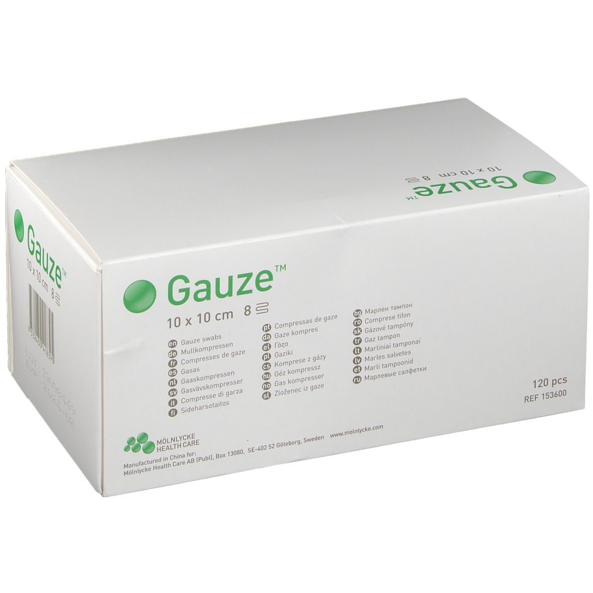 Boîte blanche avec logo vert et texte Gauze 10 x 10 cm 8 couches. 120 pièces. Texte multilingue.