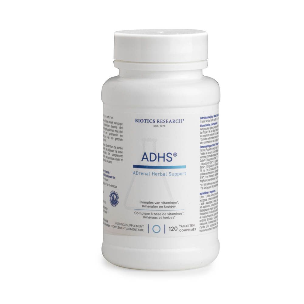 Weiße Flasche mit ADHS®-Tabletten. Aufschrift: Biotics Research, ADHS®, Adrenal Herbal Support. 120 Tabletten.