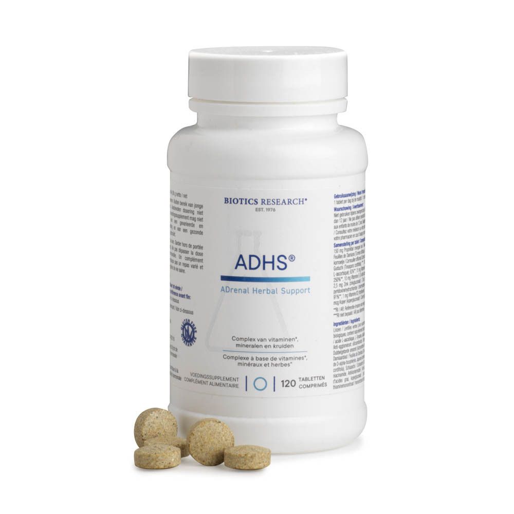 Weiße Flasche mit ADHS®-Tabletten und einigen Tabletten daneben. Aufschrift: Biotics Research, ADHS®, 120 Tabletten.