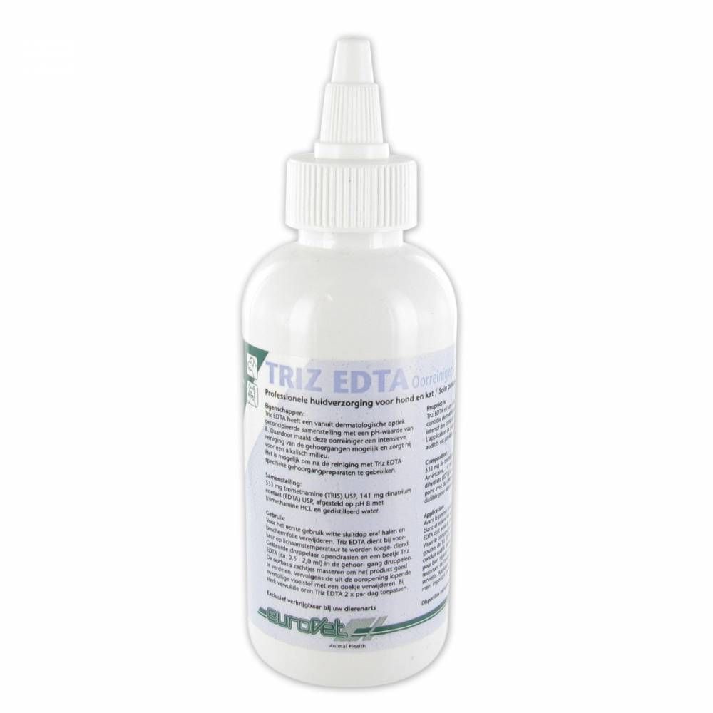 Weiße Flasche mit Spitze. Aufschrift: Triz EDTA. Text in mehreren Sprachen. Produkt für Hunde und Katzen.