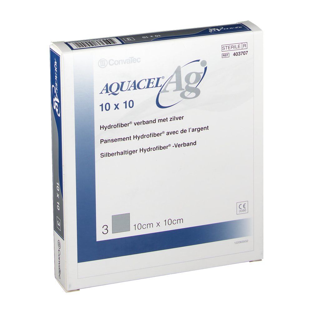 Verpackung mit AQUACEL Ag Hydrofaser-Verband. Größe 10 x 10 cm. 3 Stück. Steril. Mit Silber. Von Convatec.