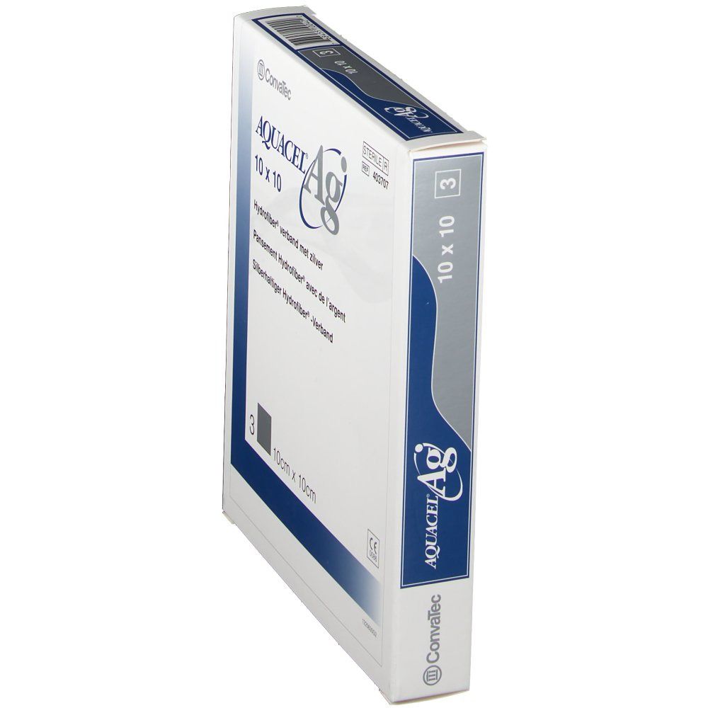 Seitenansicht der Verpackung mit AQUACEL Ag Hydrofaser-Verband. Größe 10 x 10 cm. 3 Stück. Steril. Von Convatec.