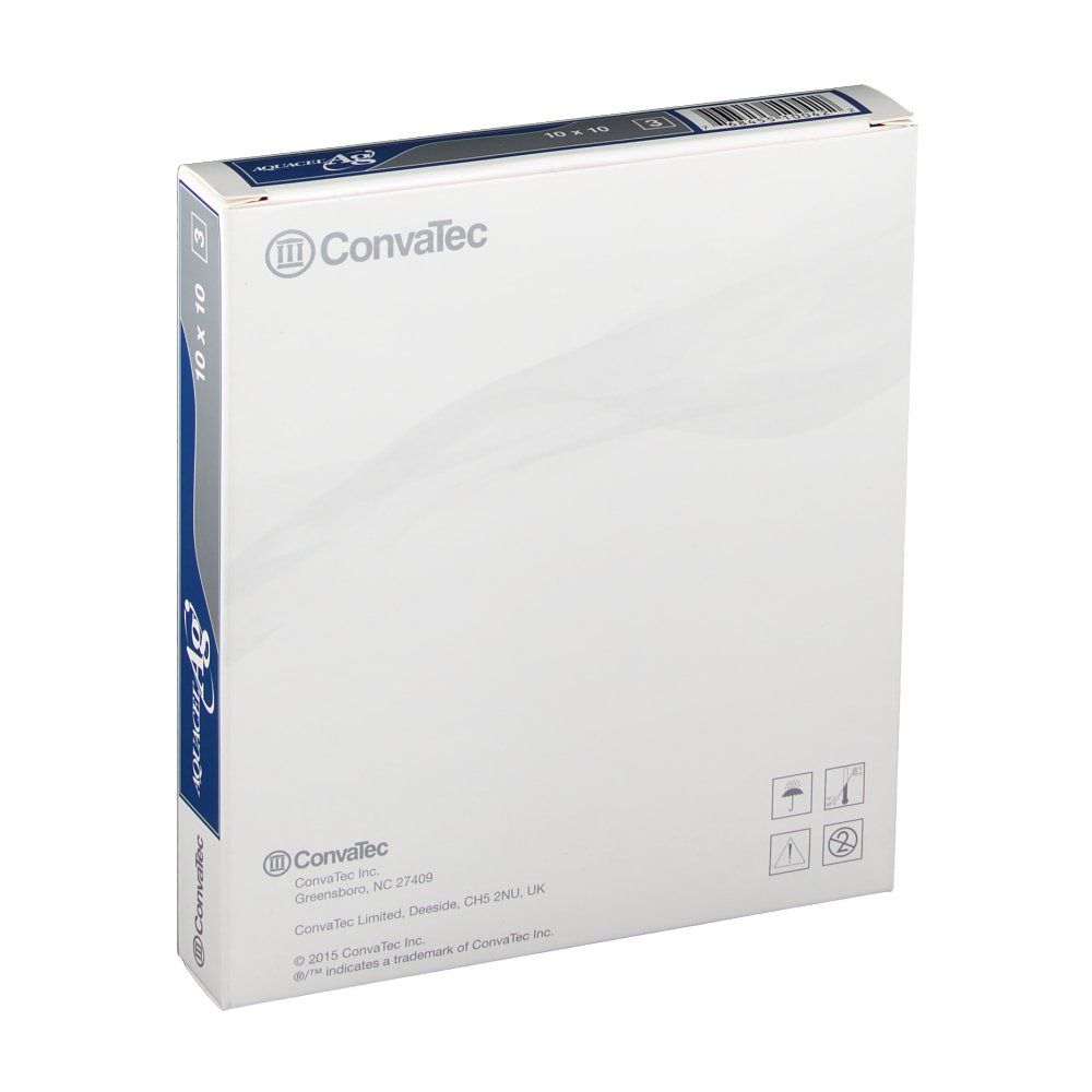 Rückseite der Verpackung mit AQUACEL Ag Hydrofaser-Verband. Convatec Logo. Informationen. Symbole.