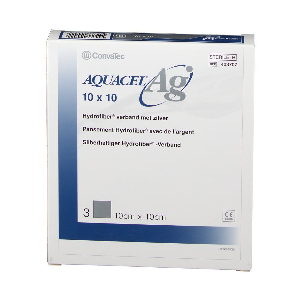 Verpackung mit AQUACEL Ag Hydrofaser-Verband. Größe 10 x 10 cm. 3 Stück. Steril. Mit Silber. Convatec.