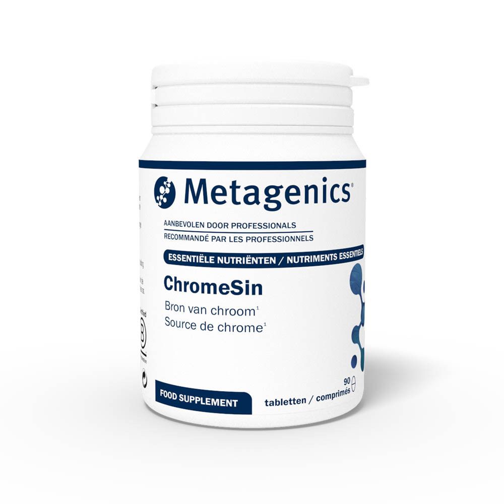 Weiße Dose mit Schraubverschluss. Aufschrift Chromesin, 90 Tabletten. Marke Metagenics.