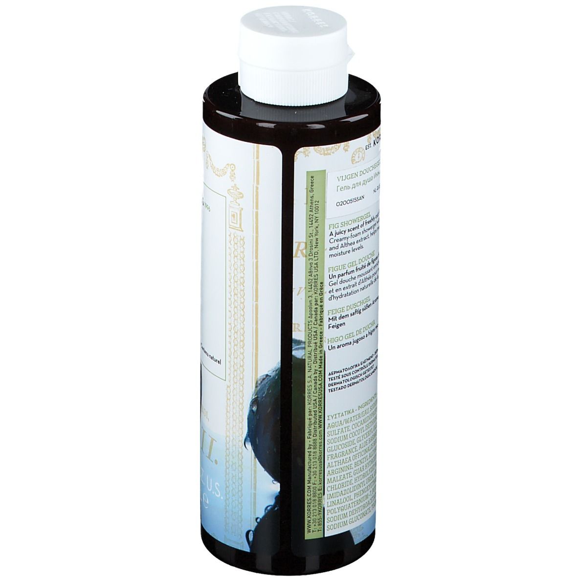 Korres Gel Douche Figues. Flacon marron avec bouchon blanc. Étiquette avec texte et illustrations.