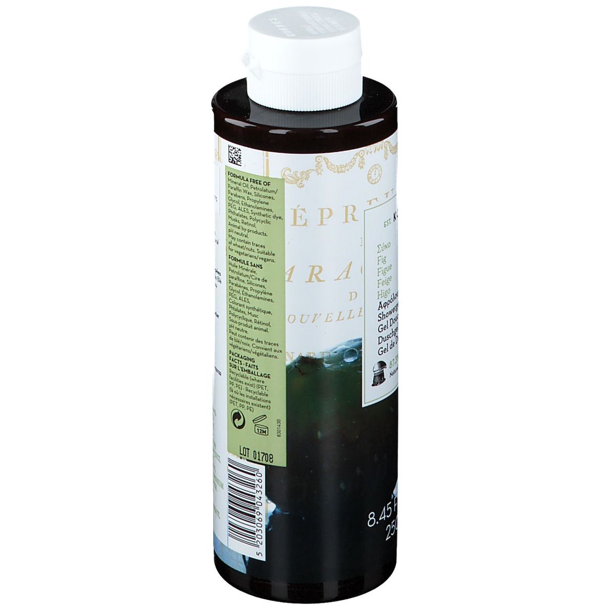 Korres Gel Douche Figues. Flacon marron avec bouchon blanc. Étiquette avec texte et éléments verts.