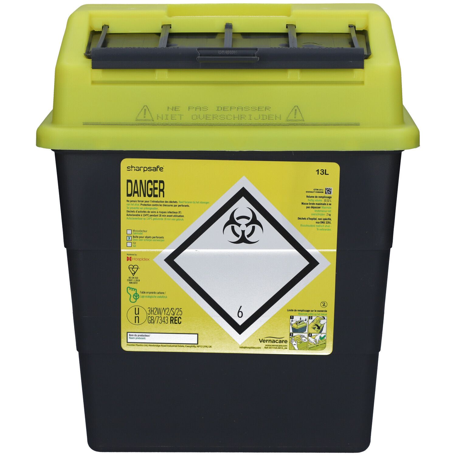 Schwarzer Behälter mit gelbem Deckel. Aufschrift 'Danger' und Biohazard-Symbol. Fassungsvermögen 13L.