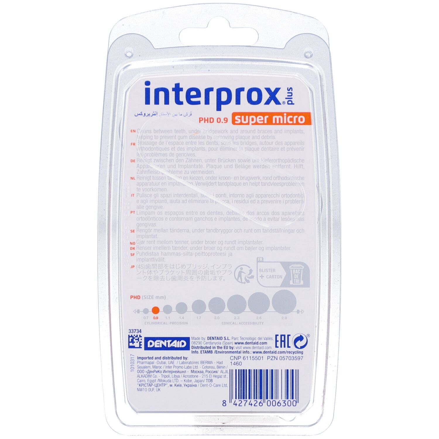 Rückseite der Verpackung mit Produktinformationen. Marke Interprox, Super Micro, PHD 0.9. Text in mehreren Sprachen.