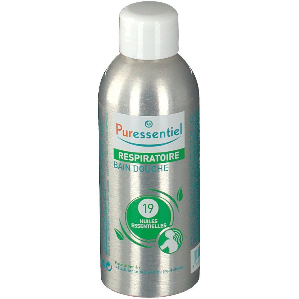 Silberne Flasche mit weißem Deckel. Aufschrift: Respiratoire Bain Douche, 19 Huiles Essentielles. Produktansicht.