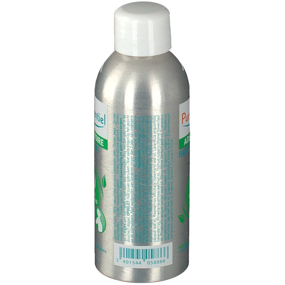 Rückansicht einer silbernen Flasche mit weißem Deckel. Aufschrift: Respiratoire Bain Douche. Text auf der Rückseite.