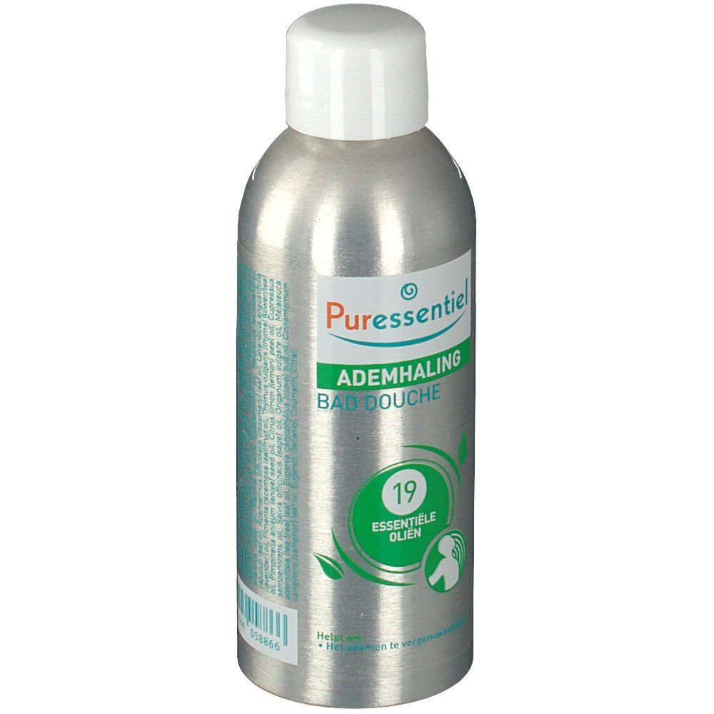 Silberne Flasche mit weißem Deckel. Aufschrift: Ademhaling Bain Douche, 19 Essentiële oliën. Niederländische Version.