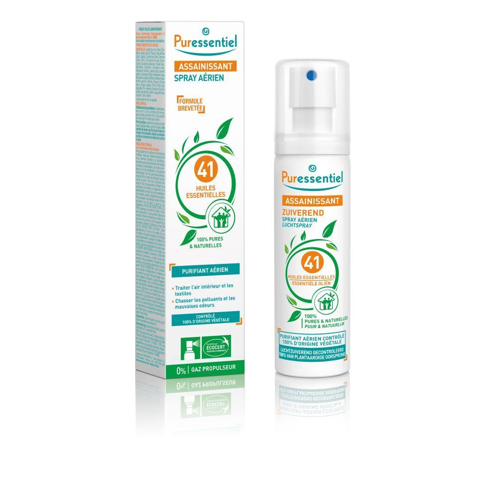 Puressentiel Lufterfrischer Spray mit 41 ätherischen Ölen. Weiße Sprühflasche mit orangefarbenem Etikett.