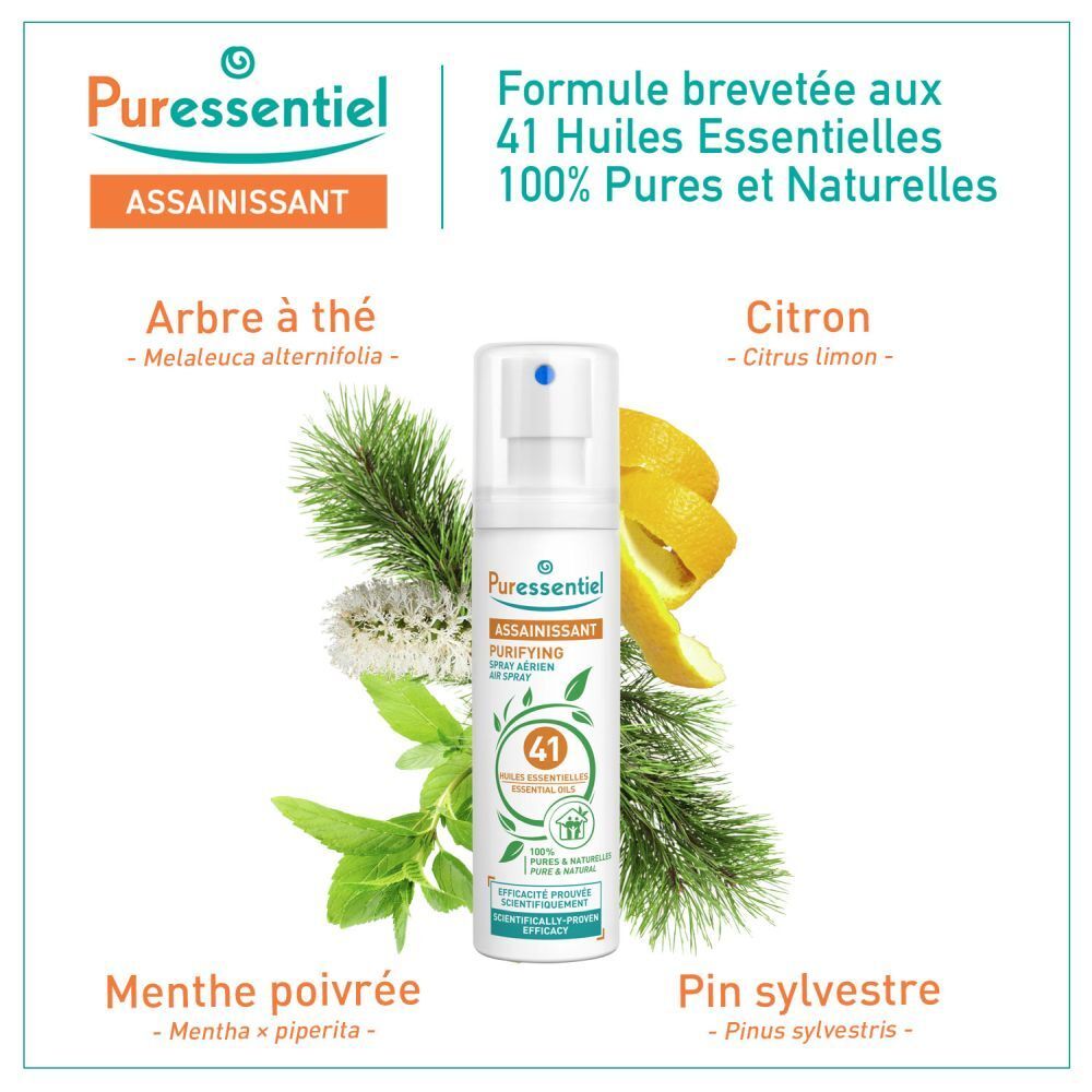 Puressentiel Spray mit 41 ätherischen Ölen, reinigend. Mit Zitrone, Minze, Kiefer und Teebaum.