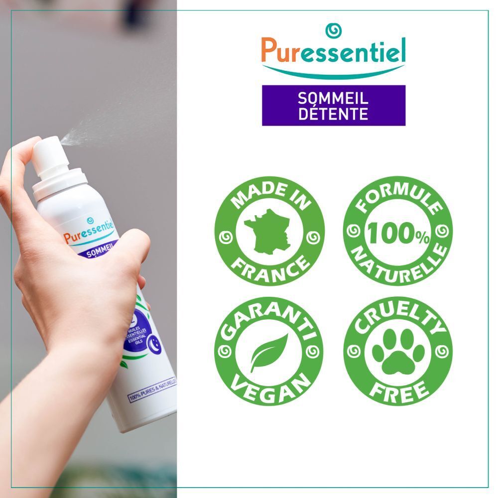Spray Puressentiel aux 12 huiles essentielles: Camomille, Lavande, Orange, Palmarosa.