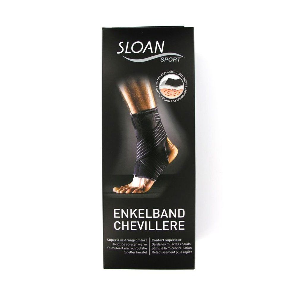 Chevillière noire dans un emballage. Marque Sloan Sport. Texte: Enkelband Chevillère. Hydrofuge, anti-refroidissement, respectueux de la peau.