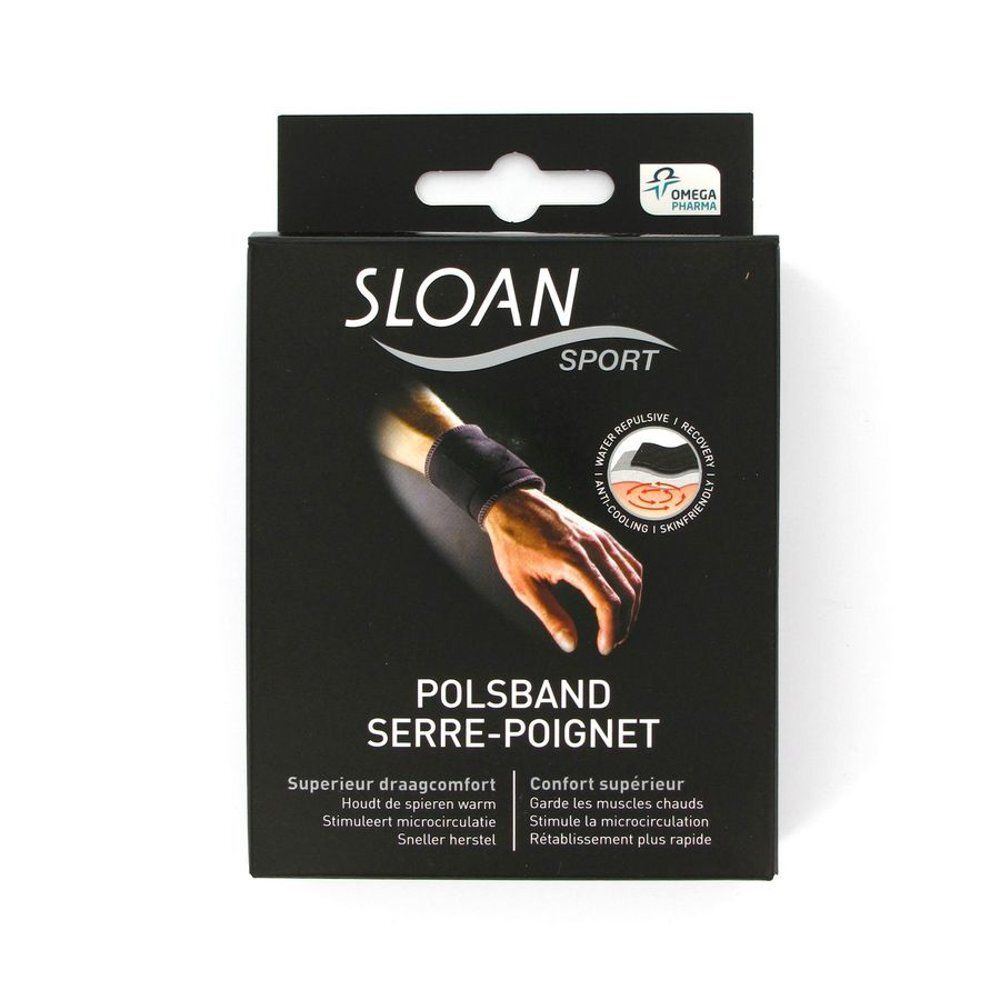 Boîte noire avec le bandeau de poignet Sloan Sport. Texte: POLSBAND SERRE-POIGNET. Marque de qualité Omega.
