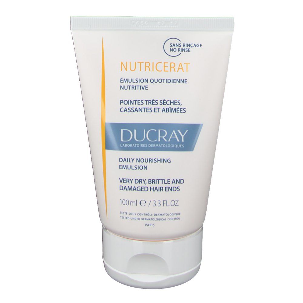 Weiß-blaue Tube mit Produktnamen und Text. "Sans rinçage" und "100ml" sichtbar.