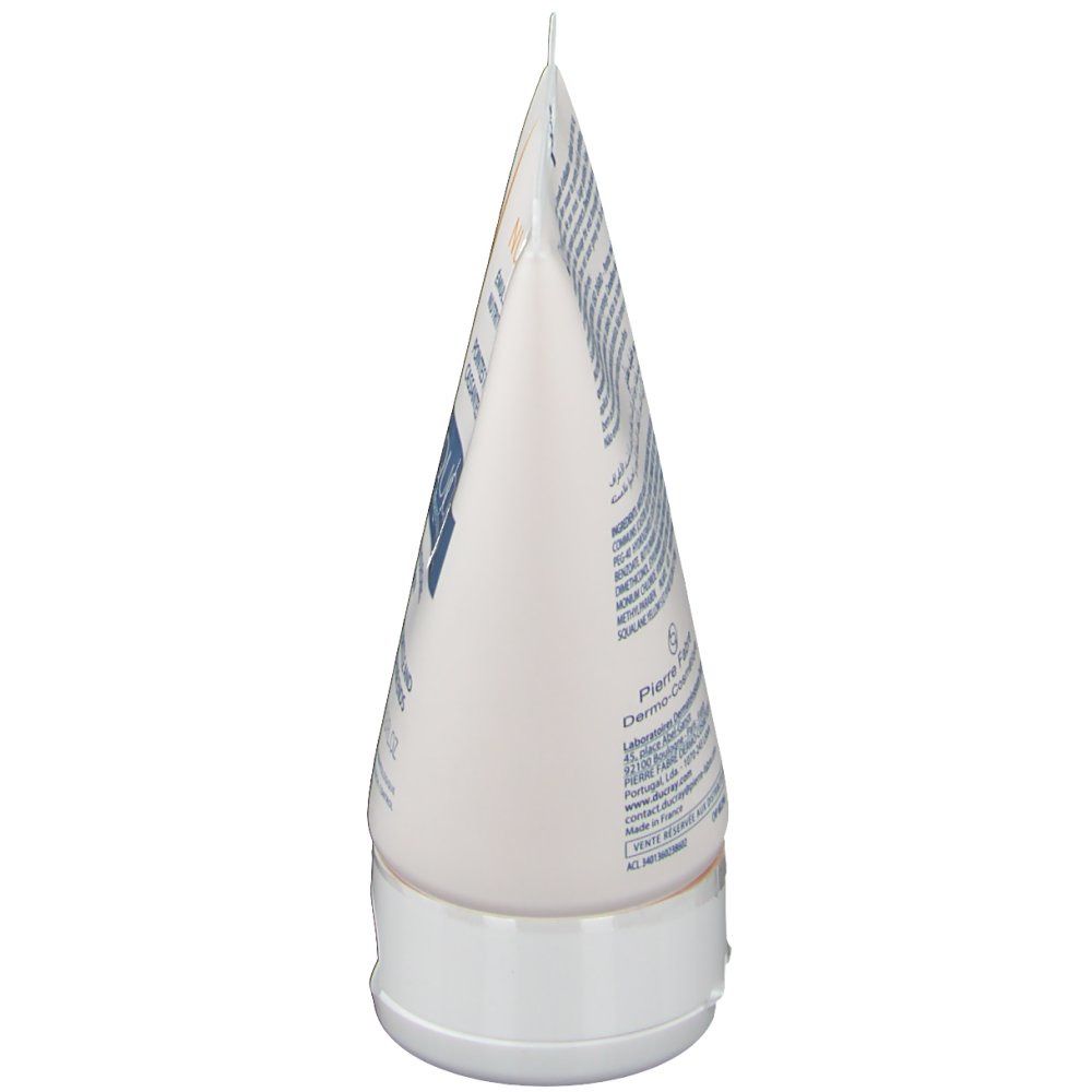 Seitenansicht einer weißen Tube mit Produkttext. Der Verschluss ist weiß.