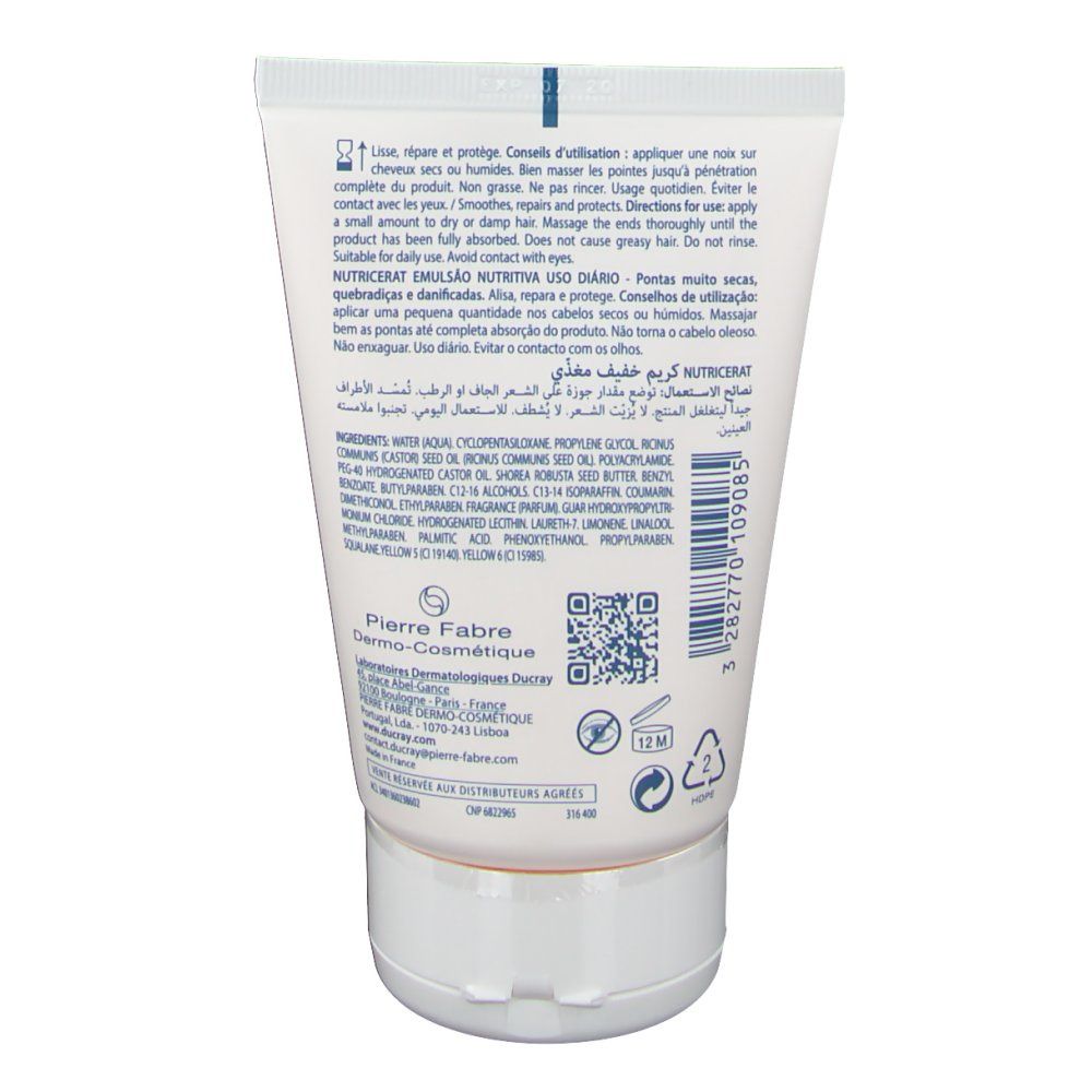 Rückseite der Tube mit Text und Inhaltsstoffen. Herstellerlogo und QR-Code sichtbar.