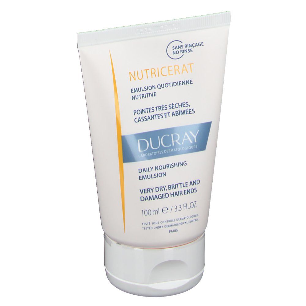 Weiß-blaue Tube mit Produktnamen und Text. "Sans rinçage" und "100ml" sichtbar.