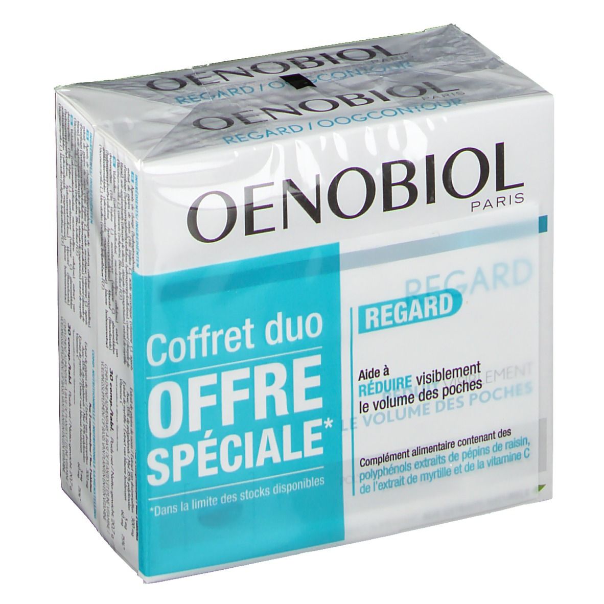 Oenobiol Regard Duopack. Verpackung mit Produktinformationen. "Coffret duo Offre Spéciale" und "Regard" Schriftzug.