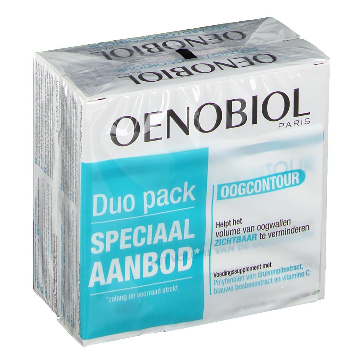 Oenobiol Oogcontour Duopack. Verpackung mit Produktinformationen. "Duo pack Speciaal Aanbod" und "Oogcontour" Schriftzug.