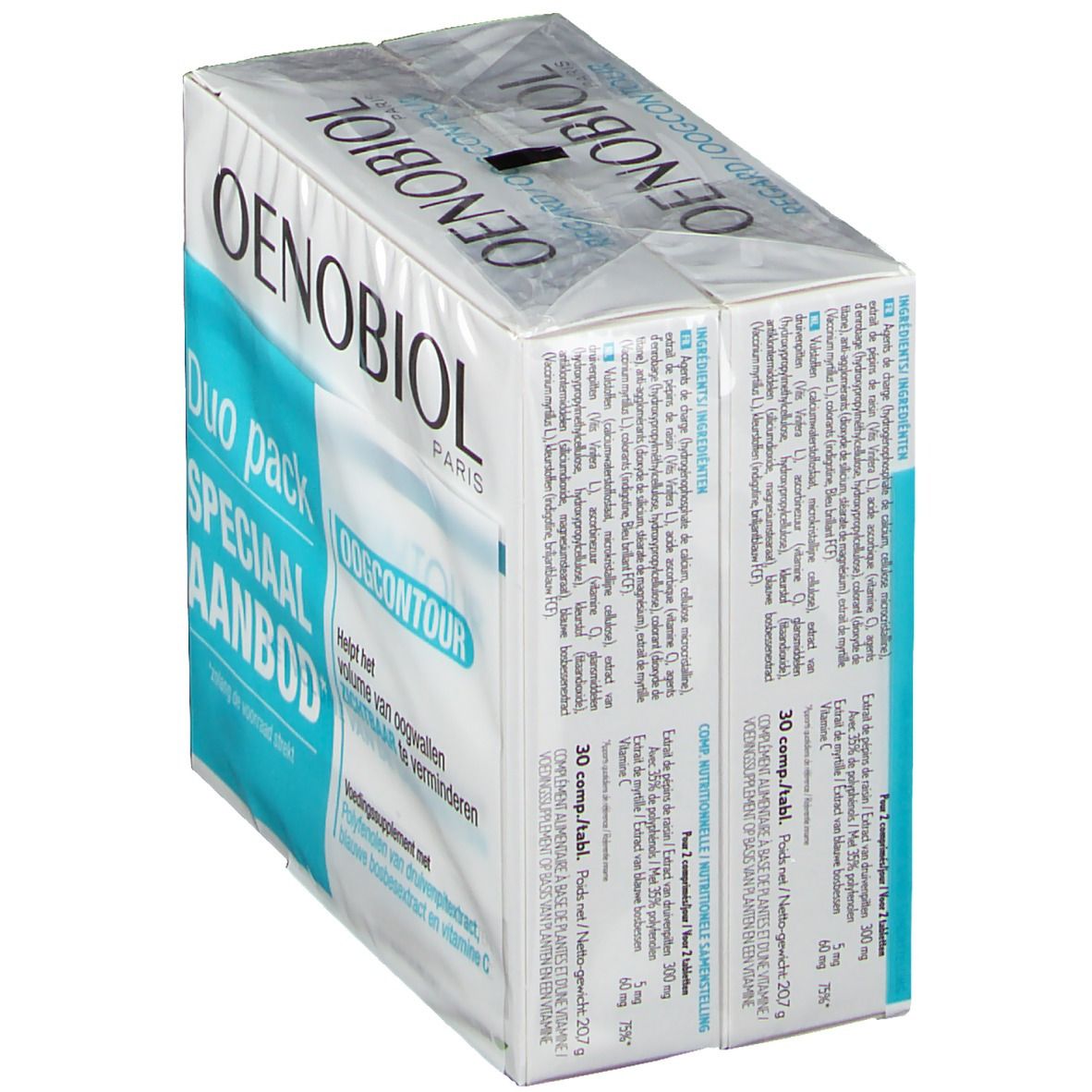 Oenobiol Oogcontour Duopack. Schrägansicht der Verpackung. Produktinformationen und Schriftzug "Oogcontour" sichtbar.