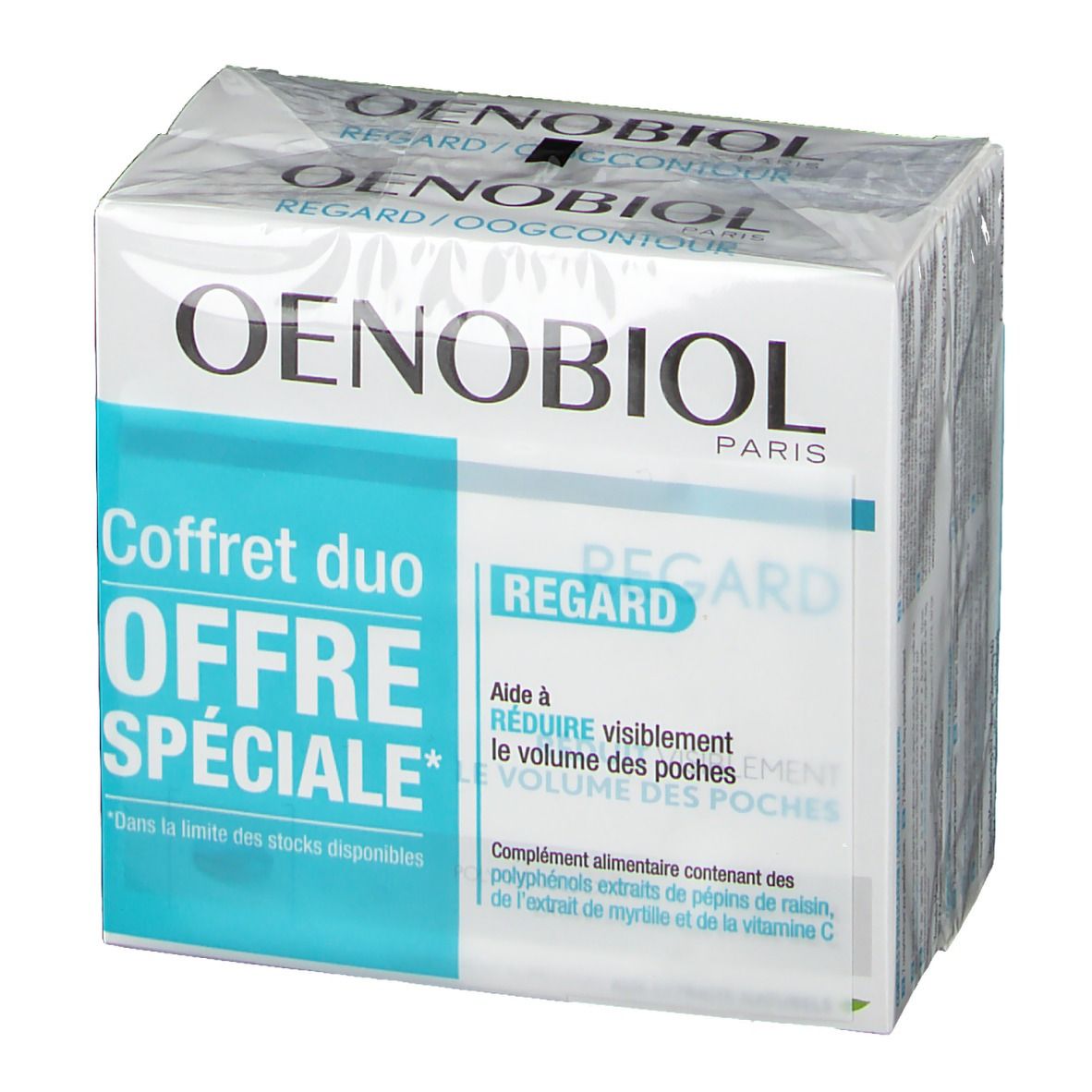 Oenobiol Regard Duopack. Verpackung mit Produktinformationen. "Coffret duo Offre Spéciale" und "Regard" Schriftzug.