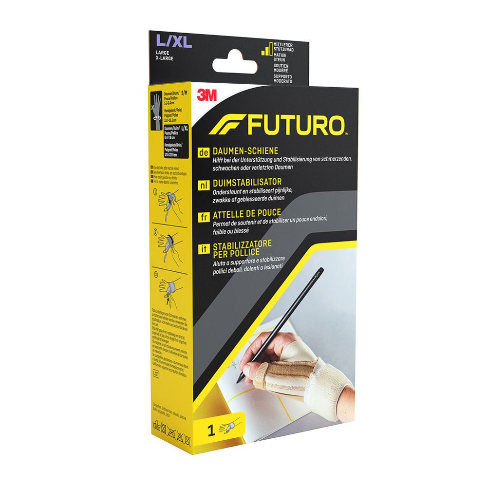 Attelle de pouce Futuro™ L/XL. Boîte avec attelle, main écrivant. Jaune, noir, blanc.