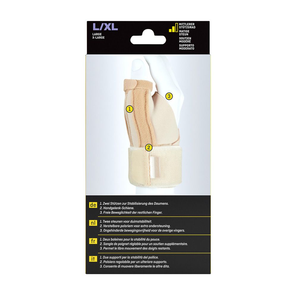 Attelle de pouce Futuro™ L/XL. Dos de la boîte. Attelle beige, main.