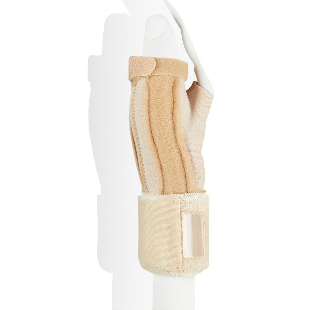 Attelle de pouce Futuro™ L/XL. Boîte avec attelle, main écrivant. Jaune, noir, blanc.