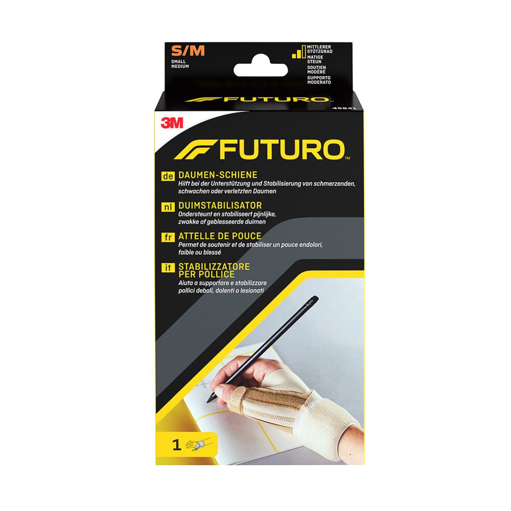 3M™ Futuro™ Attelle de pouce S/M. Boîte avec image du produit et texte en allemand, néerlandais, français et italien.