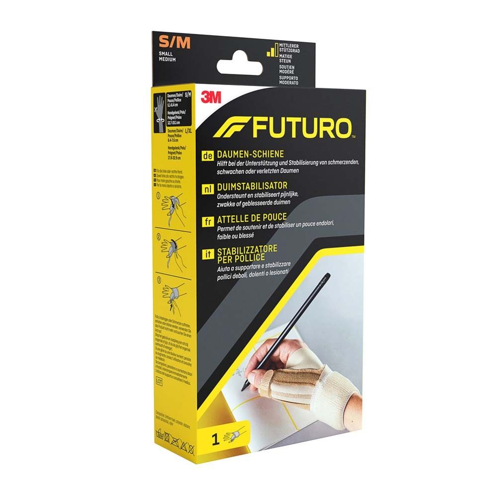 3M™ Futuro™ Daumenorthese S/M. Verpackung mit Produktabbildung und Text in Deutsch, Niederländisch, Französisch und Italienisch.