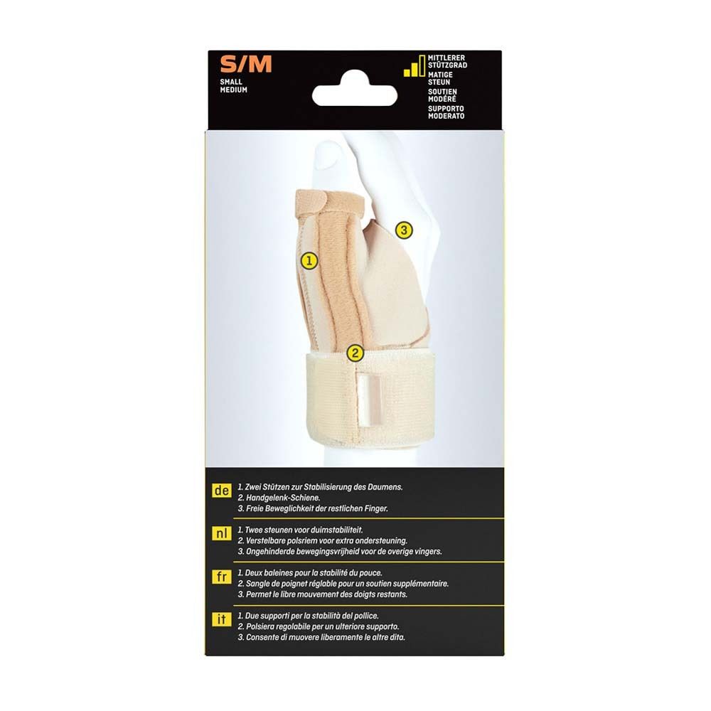 3M™ Futuro™ Daumenorthese S/M. Rückseite mit Produktabbildung und Text in Deutsch, Niederländisch, Französisch und Italienisch.