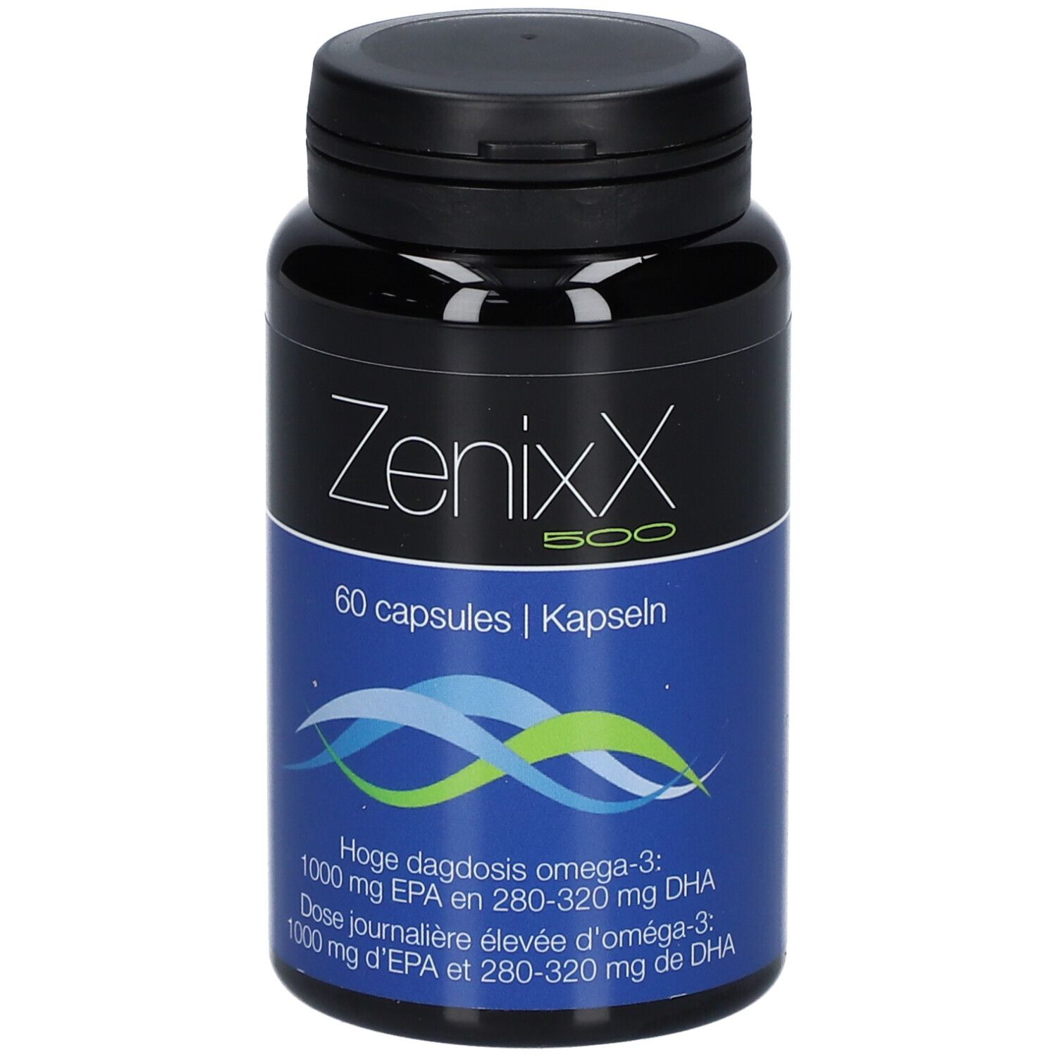 Schwarze Flasche mit Kapseln. Aufschrift: ZenixX 500, 60 Kapseln. Blaue Wellen. Text: Omega-3, EPA und DHA.