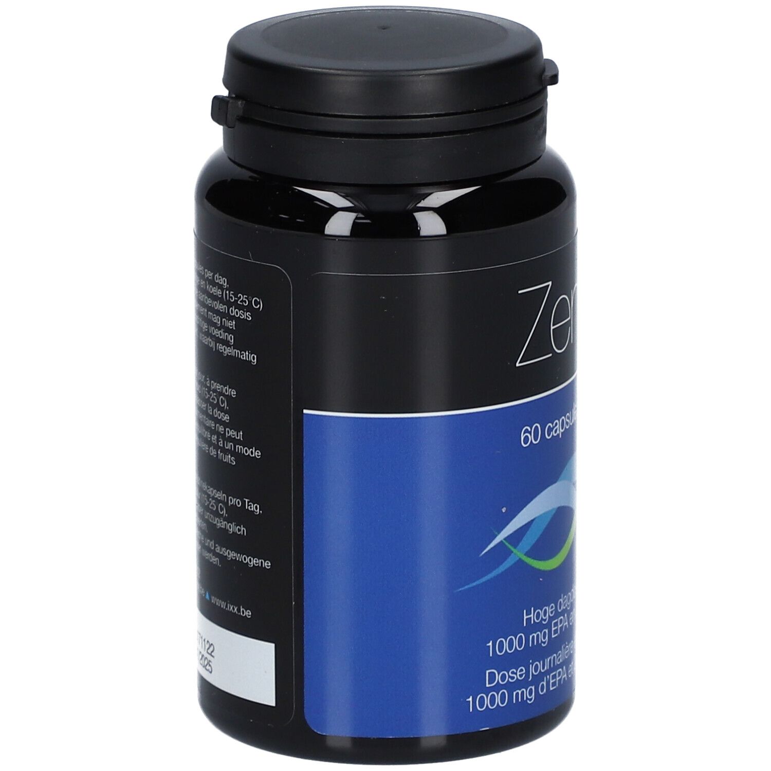 Schwarze Flasche, ZenixX 500, 60 Kapseln. Blaue Fläche mit Text: Omega-3, EPA und DHA. Schwarzer Deckel.