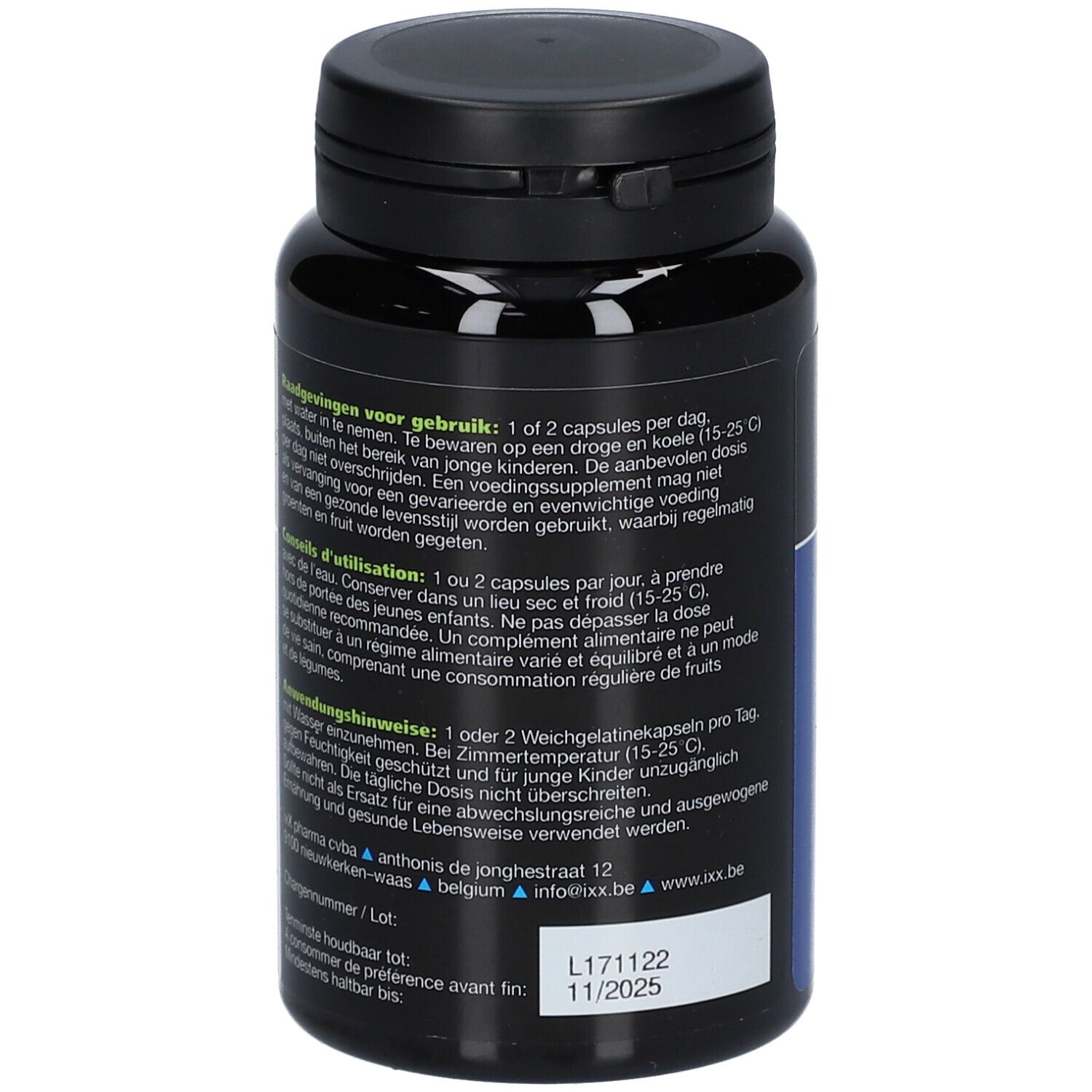 Schwarze Flasche mit Kapseln. Rückseite mit Text. Aufschrift: ZenixX 500. Haltbarkeitsdatum: 11/2025.