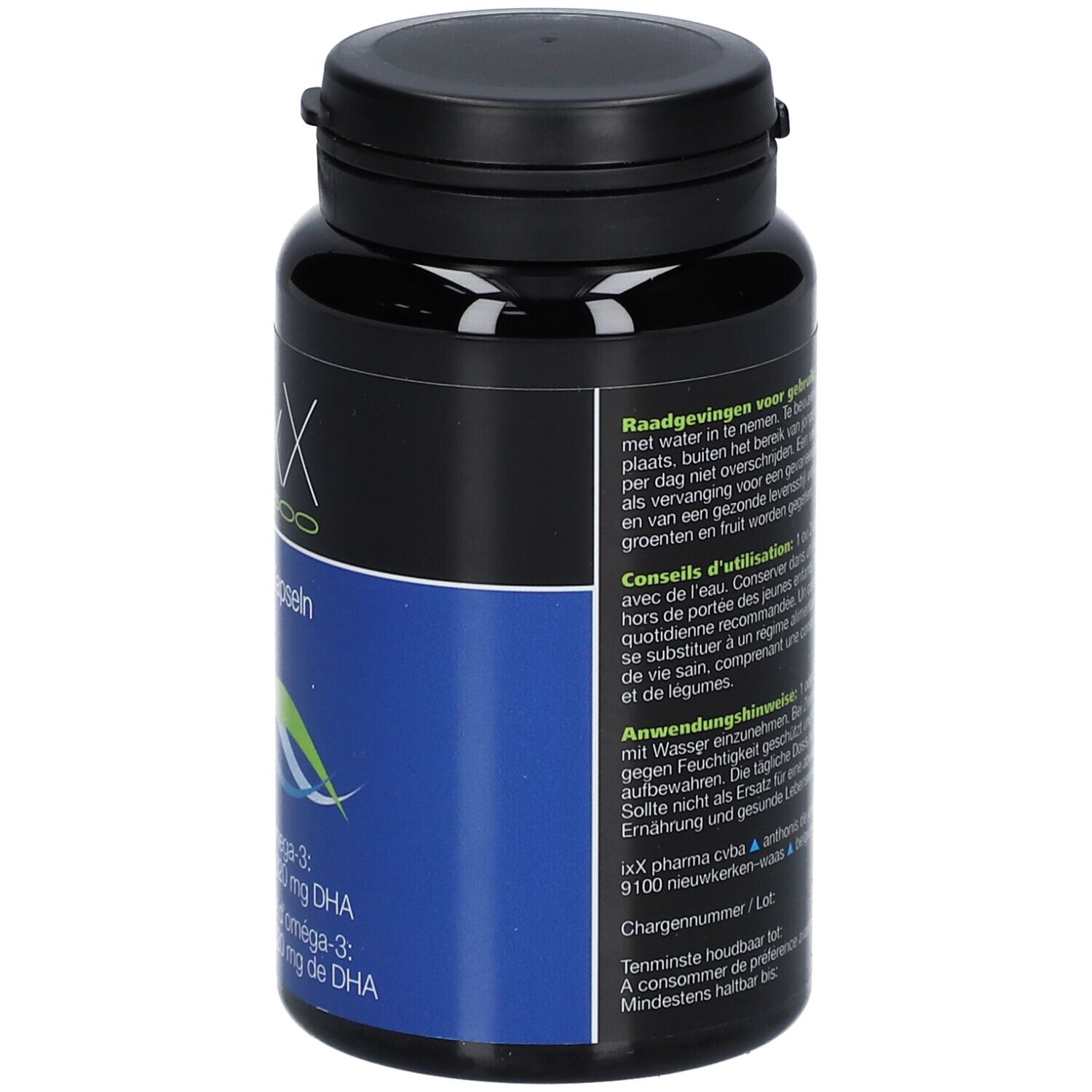 Schwarze Flasche mit Kapseln. Aufschrift: ZenixX 500. Text: Omega-3, EPA und DHA. Blaue Fläche.