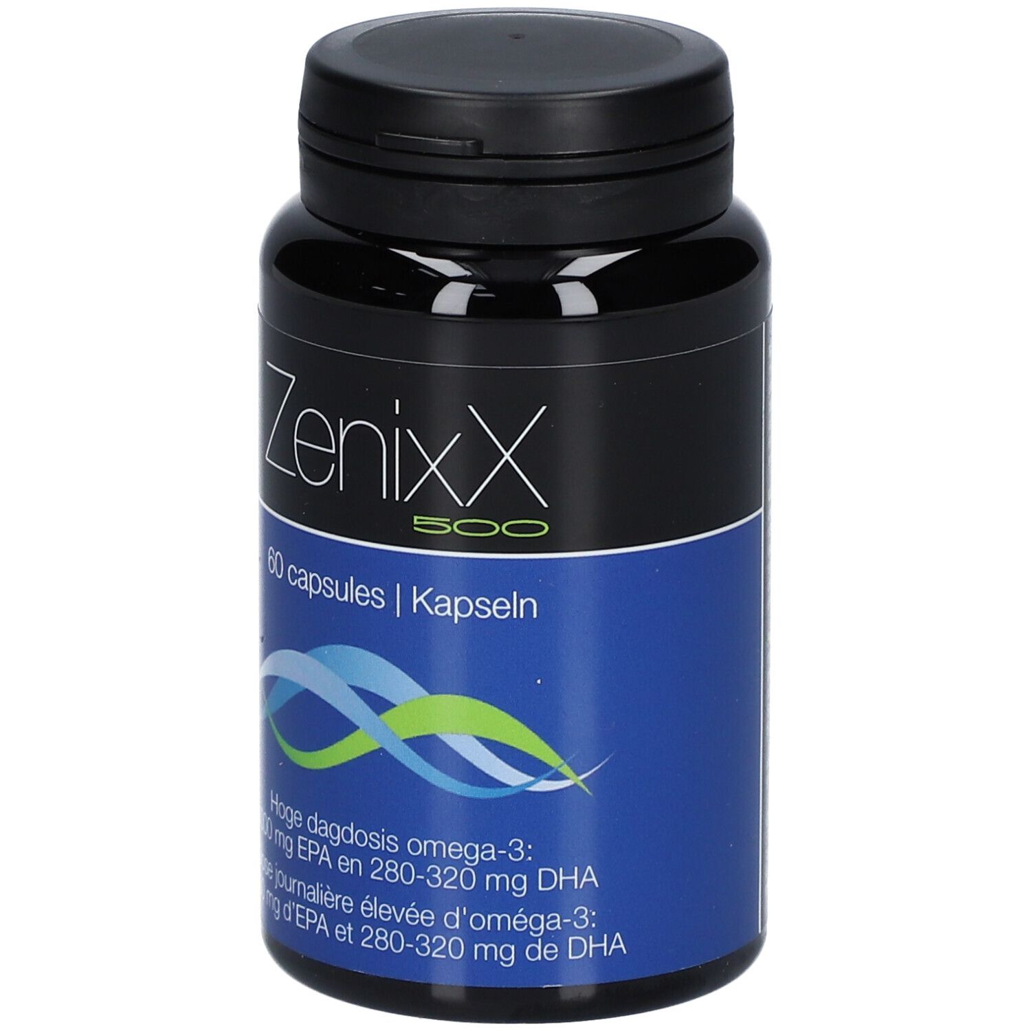 Schwarze Flasche mit Kapseln. Aufschrift: ZenixX 500, 60 Kapseln. Blaue Wellen. Text: Omega-3, EPA und DHA.