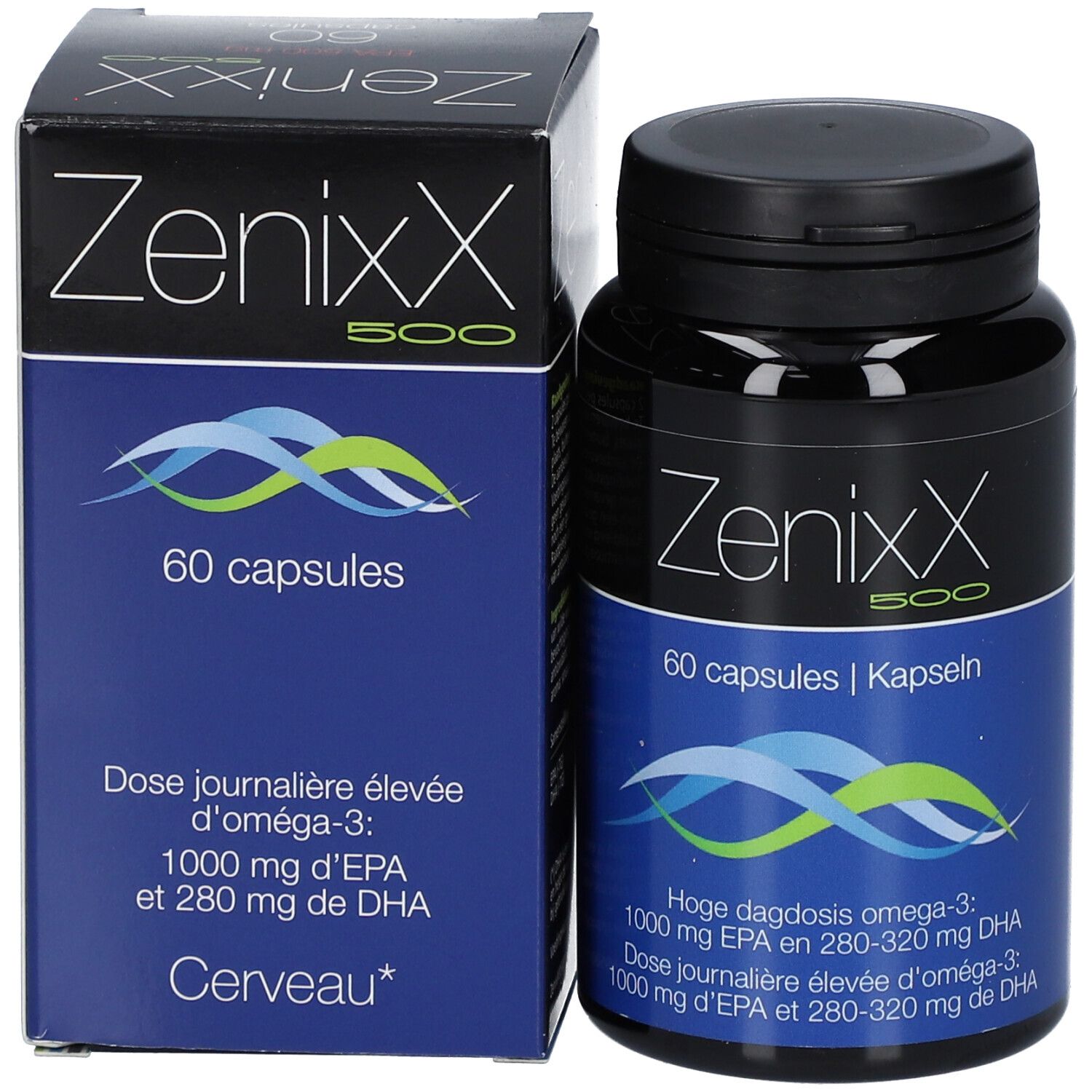 ZenixX 500 Flasche und Schachtel. 60 Kapseln. Text: Omega-3, EPA und DHA. Blaue Wellen. Marke: Cerveau.