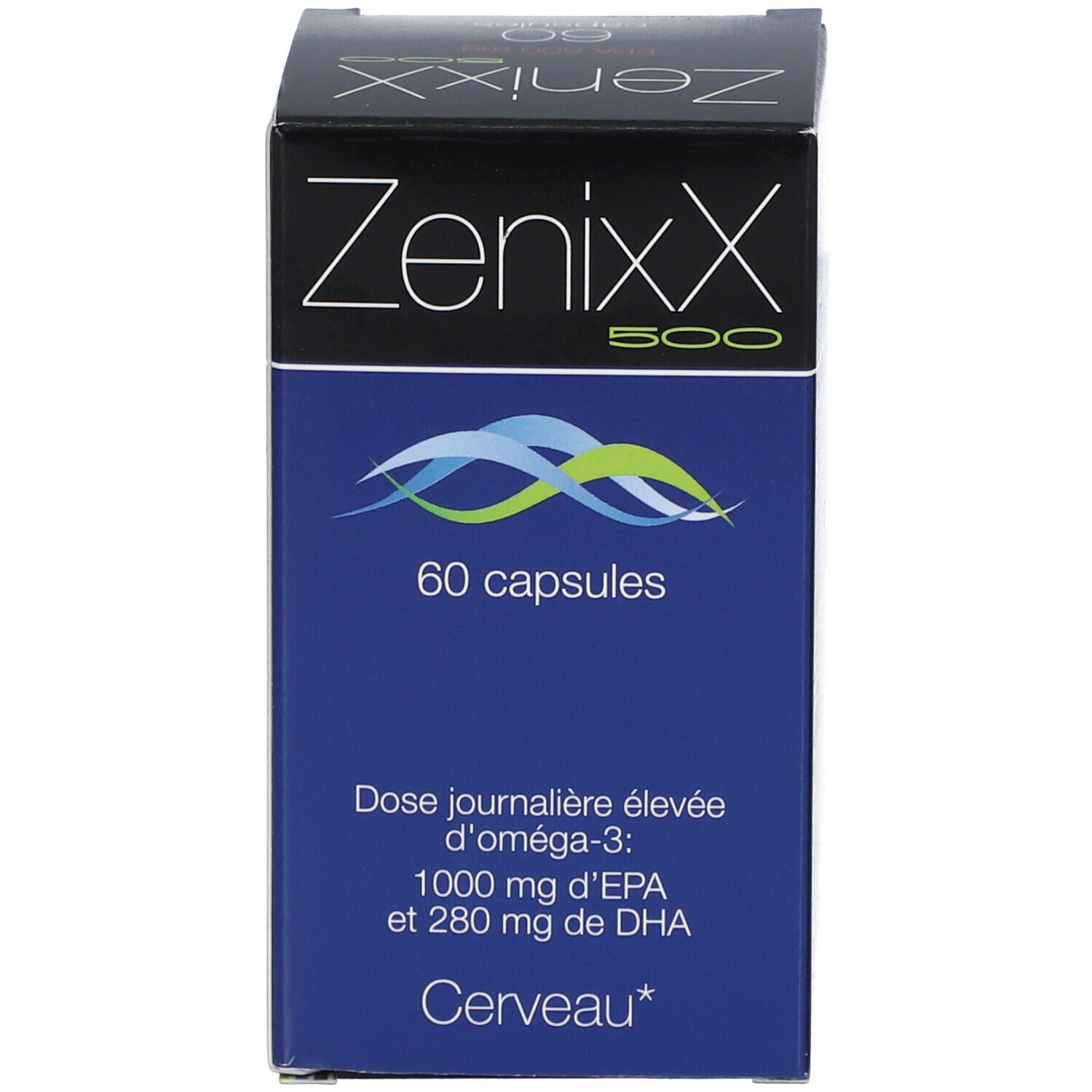 Schachtel ZenixX 500. 60 Kapseln. Text: Omega-3, EPA und DHA. Blaue Wellen. Marke: Cerveau.