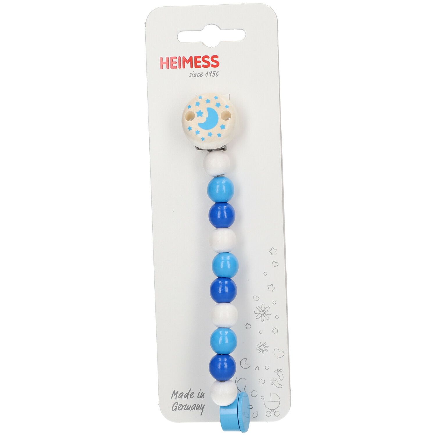 Holz-Schnullerkette Blau mit blauen und weißen Perlen, Mond-Stern-Motiv, auf Karte.