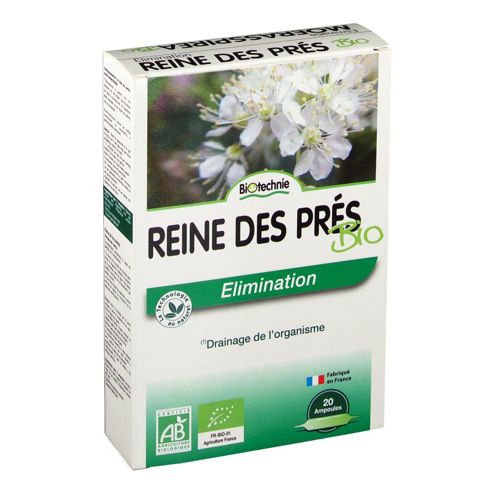 Boîte en carton avec motif floral et texte. "Reine des Prés Bio" et "Elimination" visibles. Contient 20 ampoules.