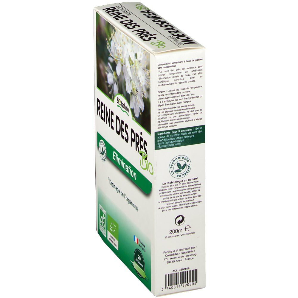 Vue latérale de la boîte en carton. Texte : "Reine des Prés Bio", "Elimination" et informations. Contient 20 ampoules. Avec certifications.