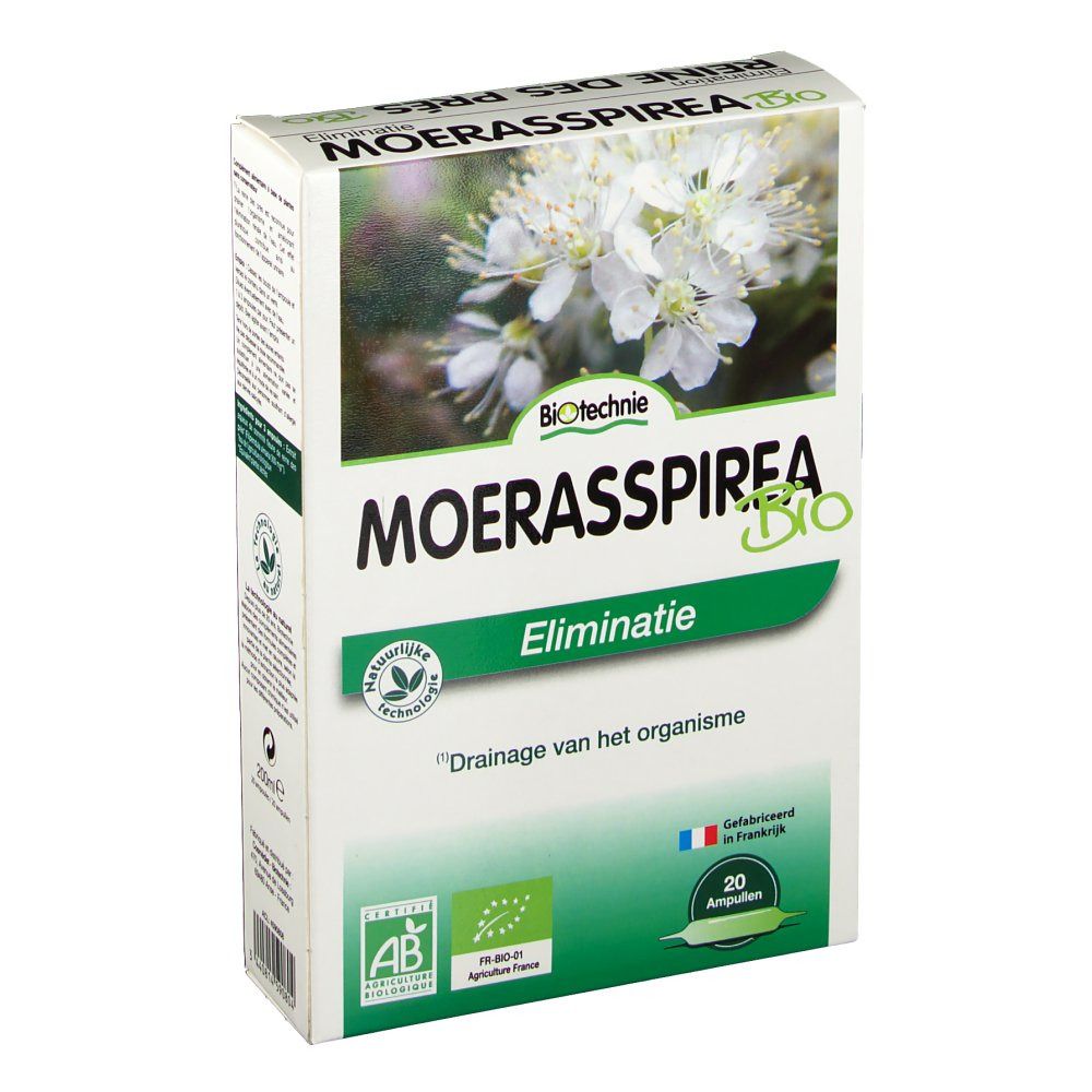 Boîte en carton avec motif floral et texte. "Moerasspirea Bio" et "Eliminatie" visibles. Contient 20 ampoules.