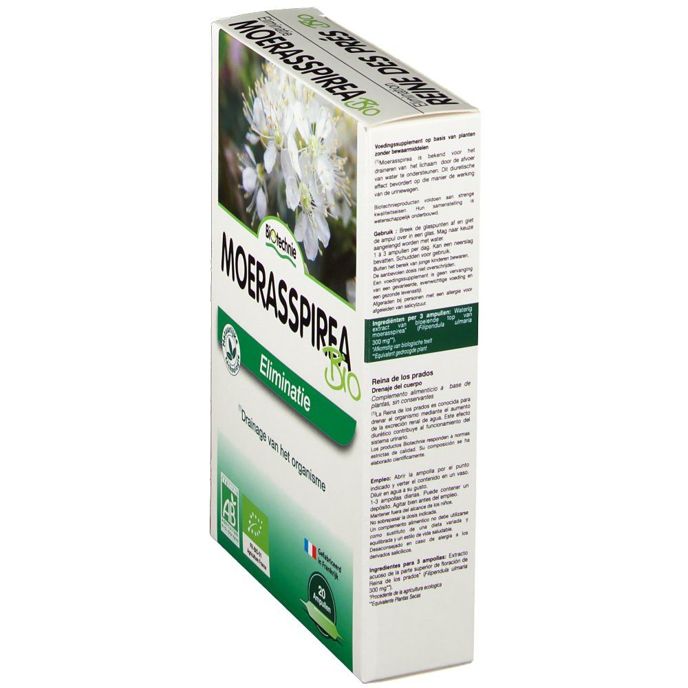 Vue latérale de la boîte en carton. Texte : "Moerasspirea Bio", "Eliminatie" et informations. Contient 20 ampoules. Avec certifications.